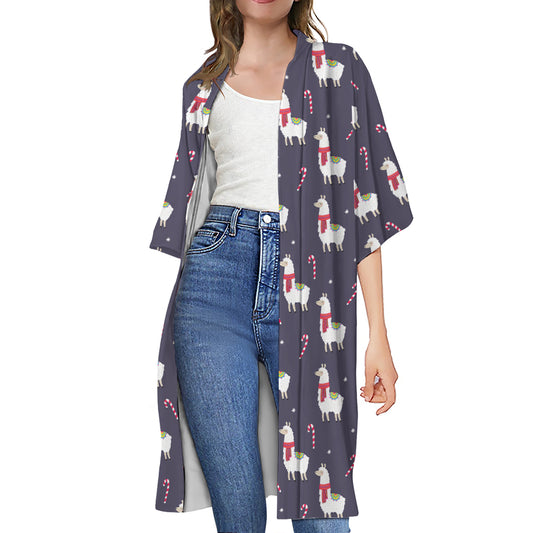 Xmas Llama Pattern Print Open Front Beach Cover Up