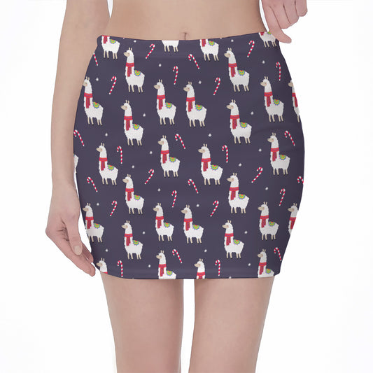Xmas Llama Pattern Print Pencil Mini Skirt