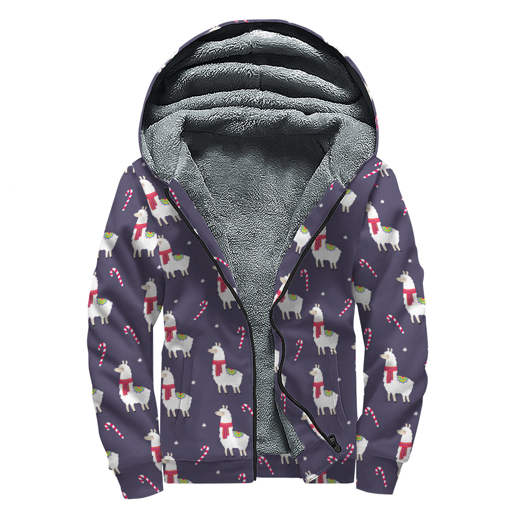 Xmas Llama Pattern Print Sherpa Lined Zip Up Hoodie