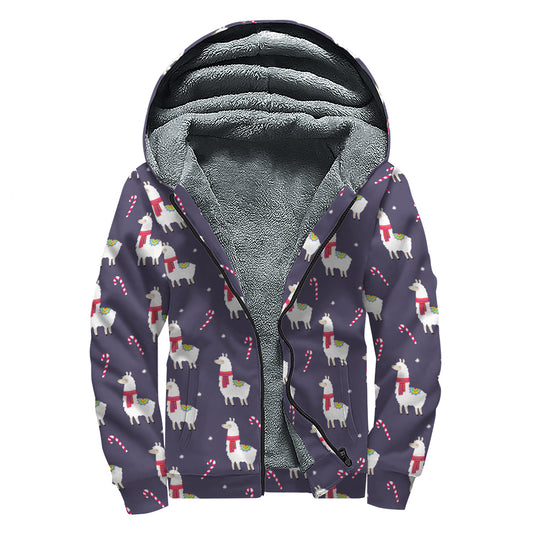 Xmas Llama Pattern Print Sherpa Lined Zip Up Hoodie