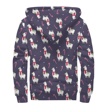 Xmas Llama Pattern Print Sherpa Lined Zip Up Hoodie