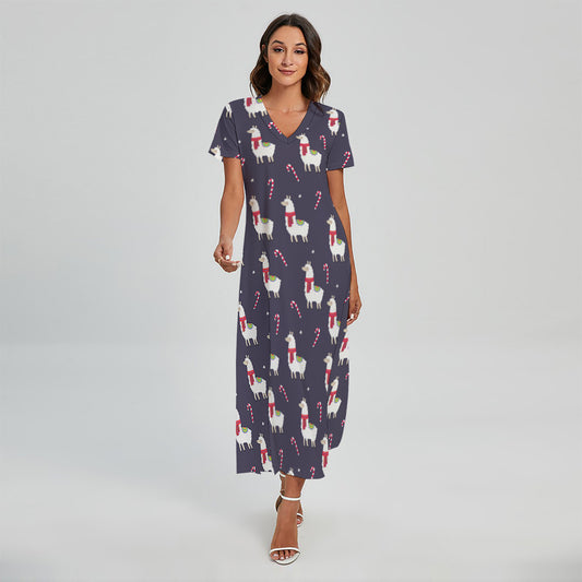 Xmas Llama Pattern Print Short Sleeve Maxi Dress
