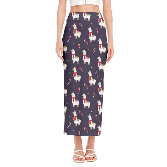 Xmas Llama Pattern Print Side Slit Maxi Skirt