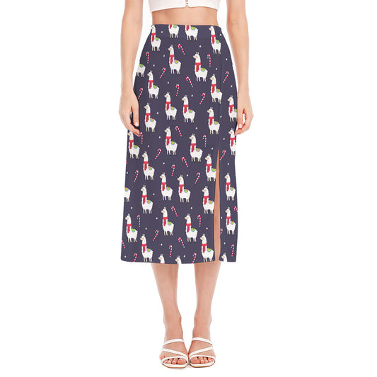 Xmas Llama Pattern Print Side Slit Midi Skirt