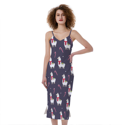 Xmas Llama Pattern Print Slim Fit Midi Cami Dress