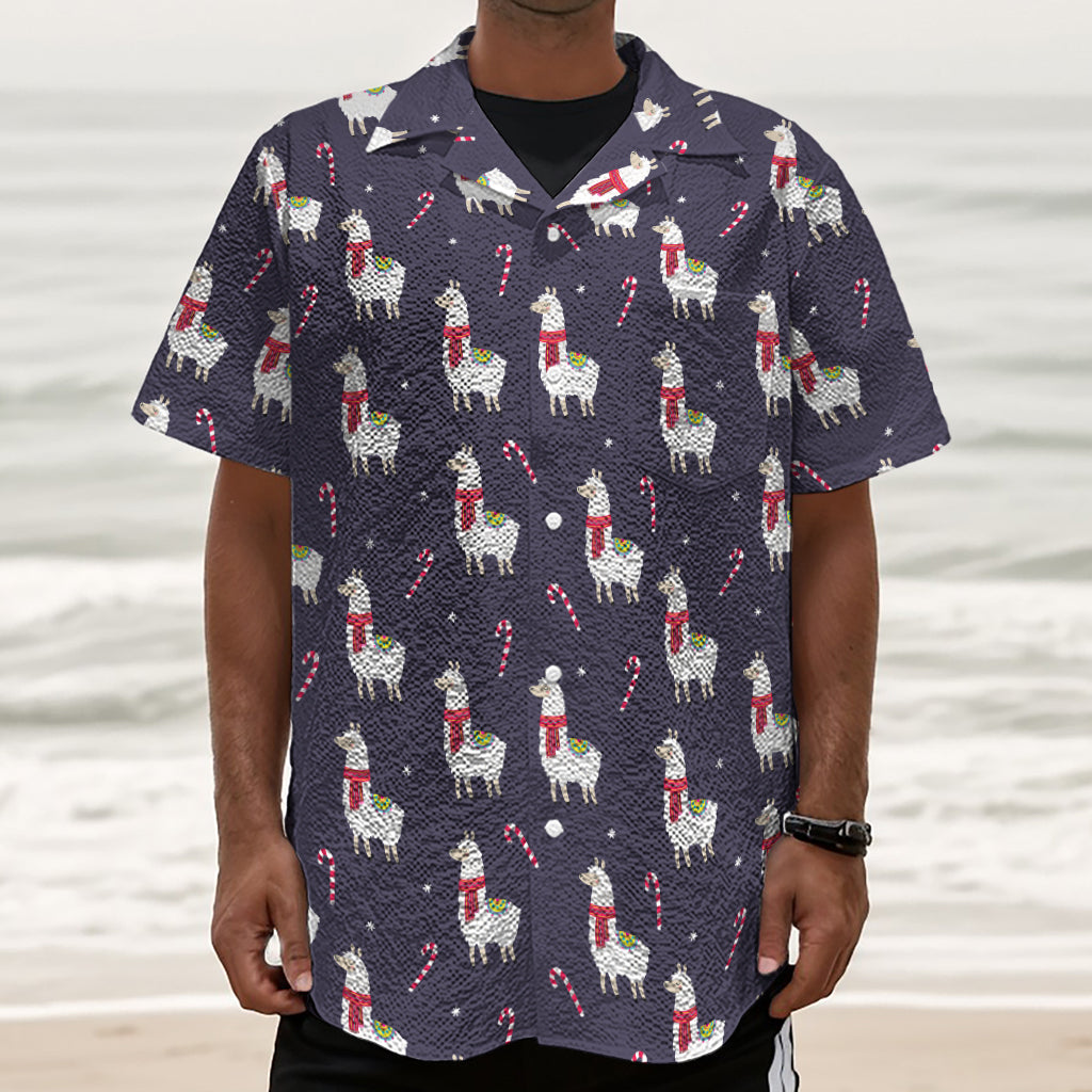 Xmas Llama Pattern Print Textured Short Sleeve Shirt