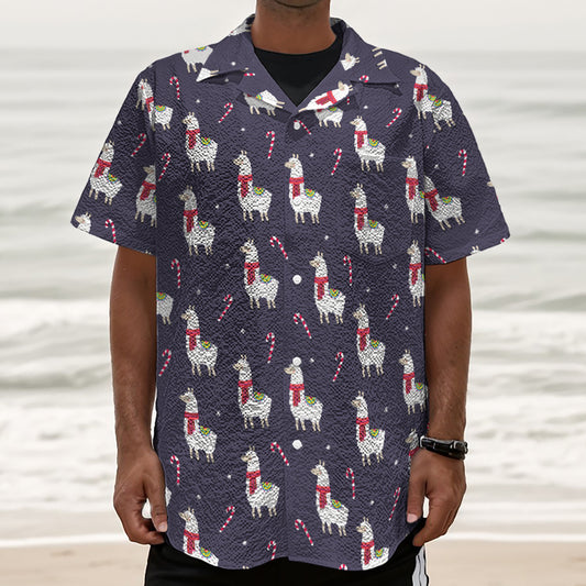 Xmas Llama Pattern Print Textured Short Sleeve Shirt
