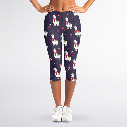 Xmas Llama Pattern Print Women's Capri Leggings