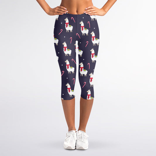 Xmas Llama Pattern Print Women's Capri Leggings