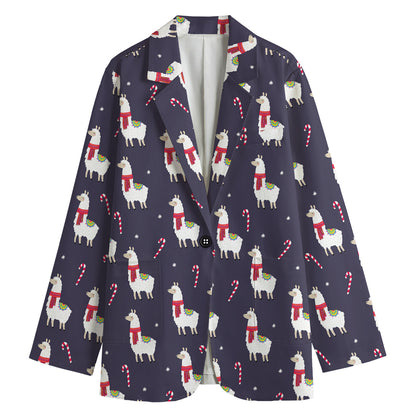 Xmas Llama Pattern Print Women's Cotton Blazer