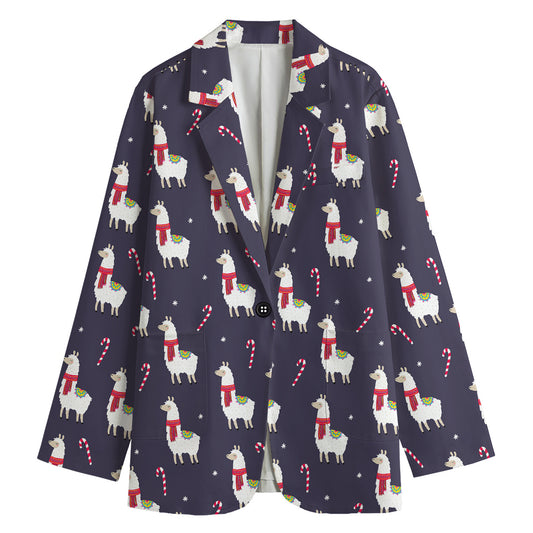 Xmas Llama Pattern Print Women's Cotton Blazer