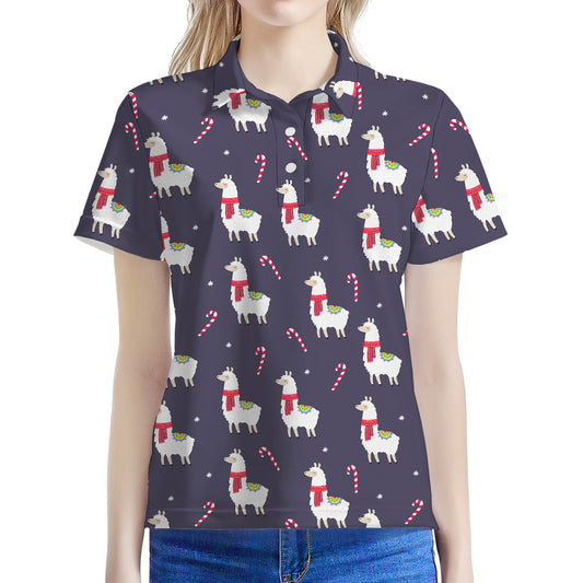 Xmas Llama Pattern Print Women's Polo Shirt