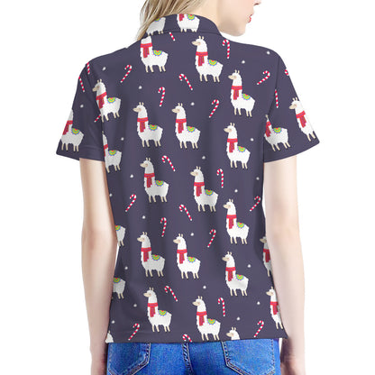 Xmas Llama Pattern Print Women's Polo Shirt