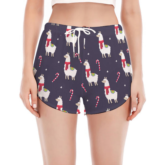 Xmas Llama Pattern Print Women's Split Running Shorts