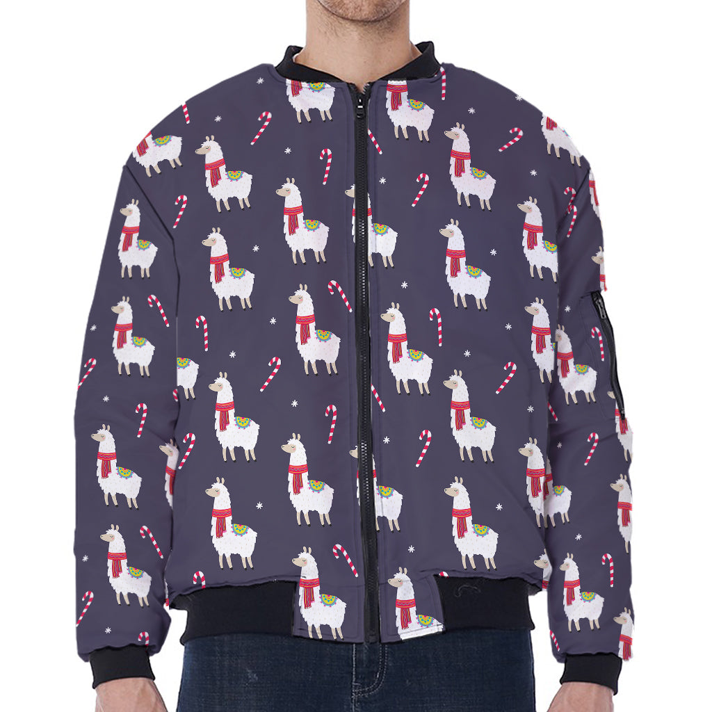 Xmas Llama Pattern Print Zip Sleeve Bomber Jacket