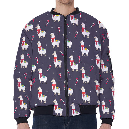 Xmas Llama Pattern Print Zip Sleeve Bomber Jacket