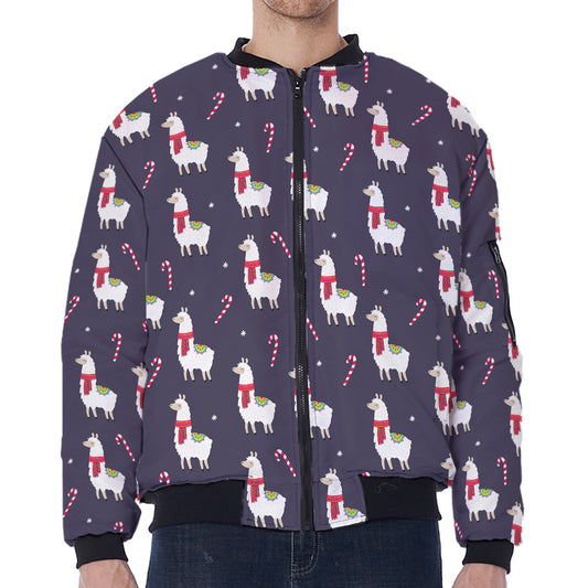 Xmas Llama Pattern Print Zip Sleeve Bomber Jacket