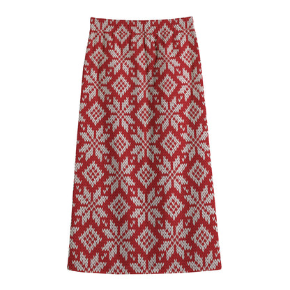Xmas Nordic Knitted Pattern Print Cotton Front Slit Maxi Skirt