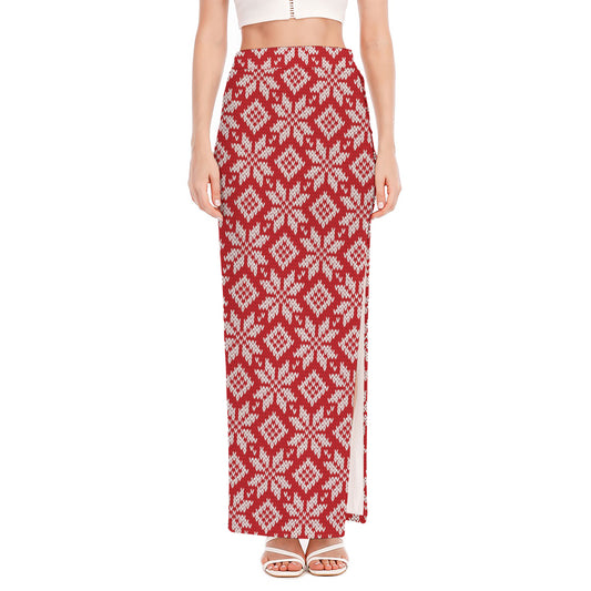 Xmas Nordic Knitted Pattern Print High Slit Maxi Skirt