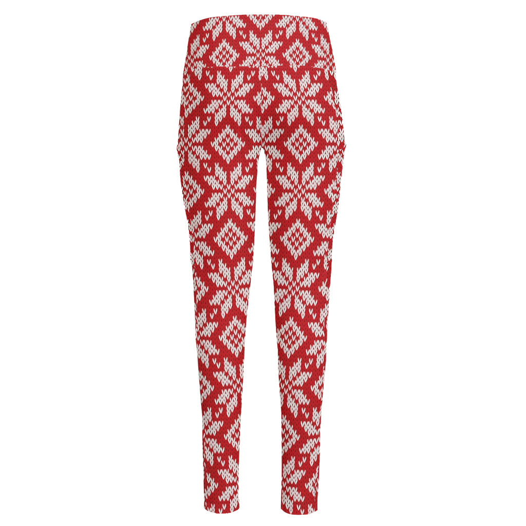 Xmas Nordic Knitted Pattern Print High-Waisted Pocket Leggings