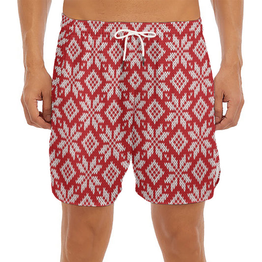 Xmas Nordic Knitted Pattern Print Men's Split Running Shorts