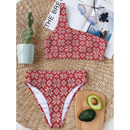 Xmas Nordic Knitted Pattern Print One Shoulder Bikini Top