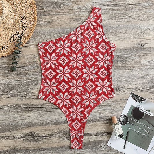 Xmas Nordic Knitted Pattern Print One Shoulder Bodysuit