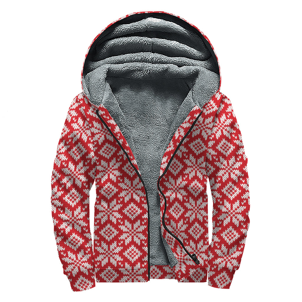 Xmas Nordic Knitted Pattern Print Sherpa Lined Zip Up Hoodie