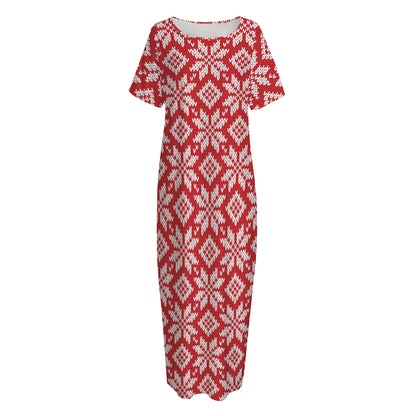 Xmas Nordic Knitted Pattern Print Short Sleeve Long Nightdress