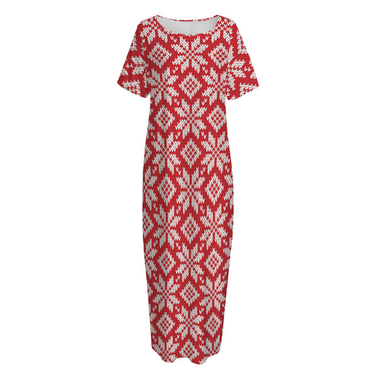 Xmas Nordic Knitted Pattern Print Short Sleeve Long Nightdress