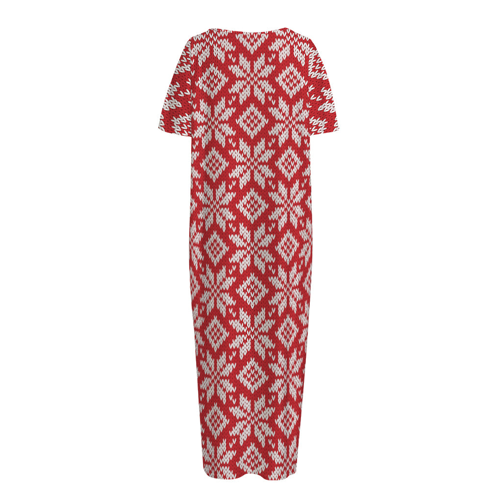 Xmas Nordic Knitted Pattern Print Short Sleeve Long Nightdress