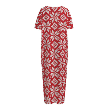 Xmas Nordic Knitted Pattern Print Short Sleeve Long Nightdress