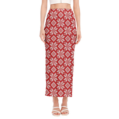 Xmas Nordic Knitted Pattern Print Side Slit Maxi Skirt
