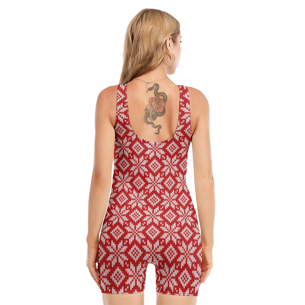 Xmas Nordic Knitted Pattern Print Sleeveless One Piece Swimsuit