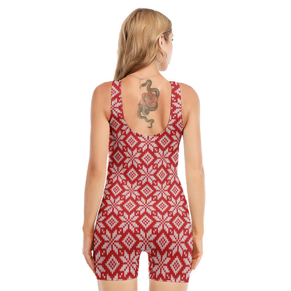 Xmas Nordic Knitted Pattern Print Sleeveless One Piece Swimsuit