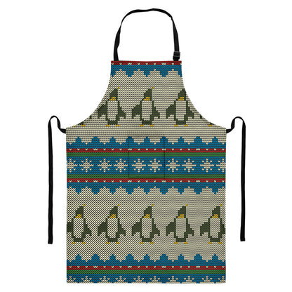 Xmas Penguin Pattern Print Bib Apron With Pocket