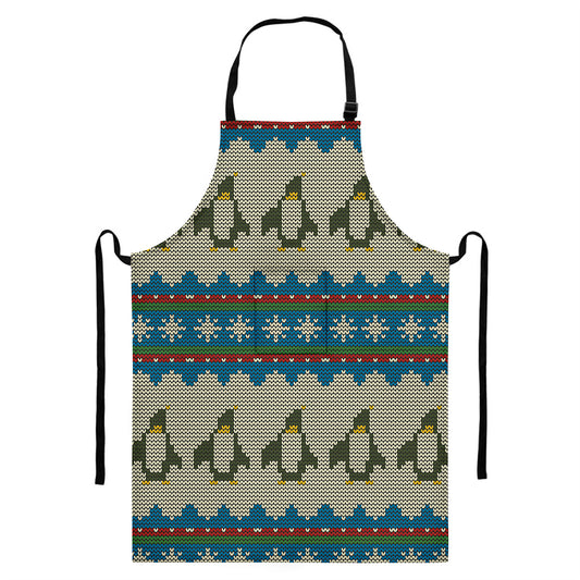 Xmas Penguin Pattern Print Bib Apron With Pocket