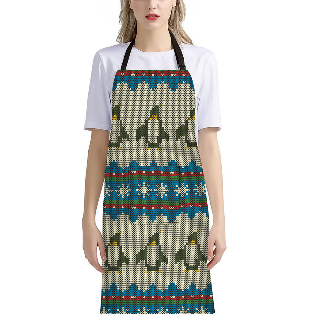 Xmas Penguin Pattern Print Bib Apron With Pocket