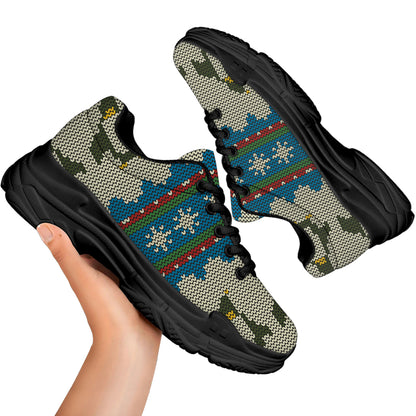 Xmas Penguin Pattern Print Black Chunky Shoes