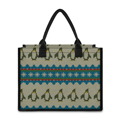 Xmas Penguin Pattern Print Canvas Tote Bag