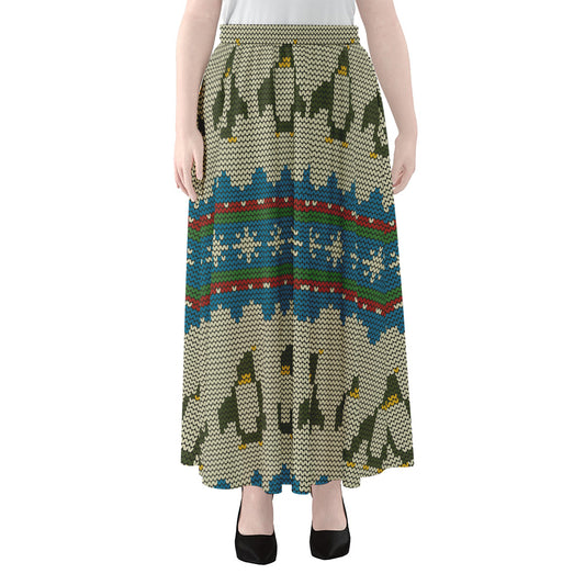 Xmas Penguin Pattern Print Chiffon Maxi Skirt
