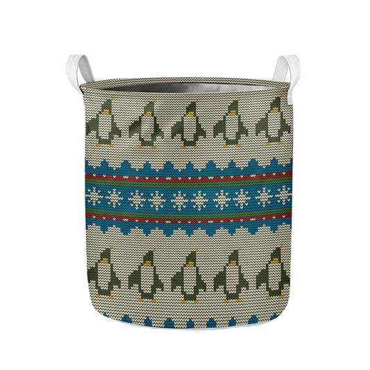 Xmas Penguin Pattern Print Collapsible Laundry Basket