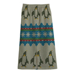 Xmas Penguin Pattern Print Cotton Front Slit Maxi Skirt