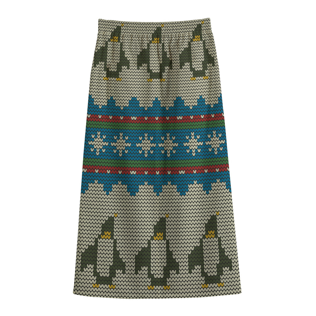 Xmas Penguin Pattern Print Cotton Front Slit Maxi Skirt