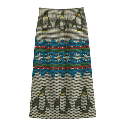 Xmas Penguin Pattern Print Cotton Front Slit Maxi Skirt