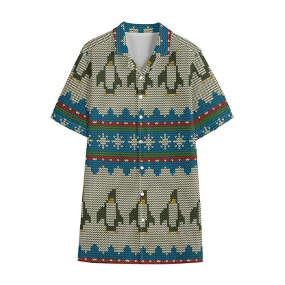 Xmas Penguin Pattern Print Cotton Hawaiian Shirt