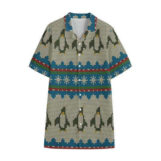 Xmas Penguin Pattern Print Cotton Hawaiian Shirt