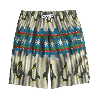 Xmas Penguin Pattern Print Cotton Shorts