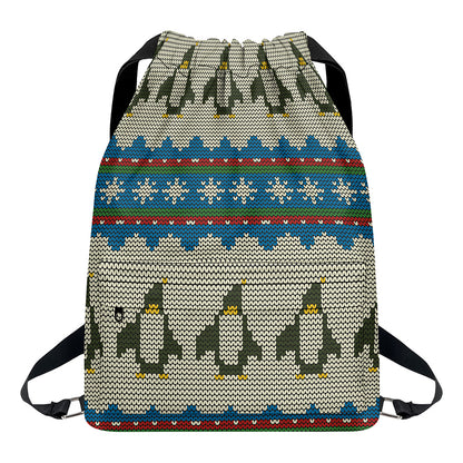 Xmas Penguin Pattern Print Drawstring Backpack