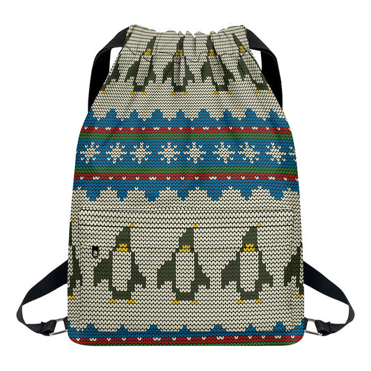 Xmas Penguin Pattern Print Drawstring Backpack